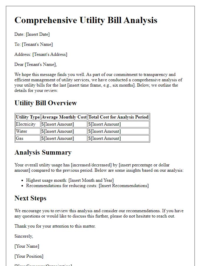 Letter template of Comprehensive Utility Bill Analysis for Tenants