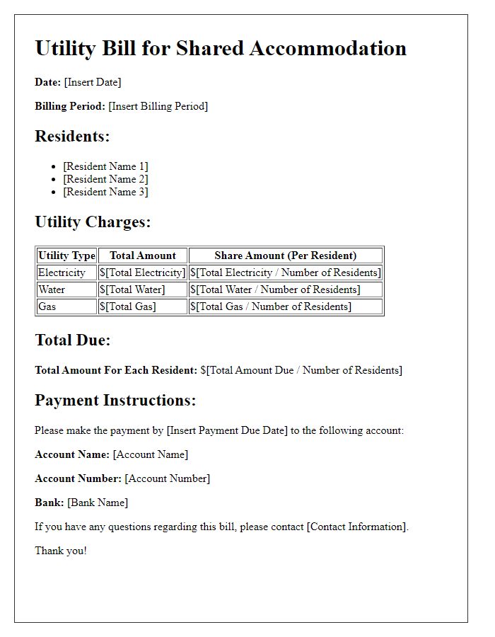 Letter template of Detailed Utility Bill for Shared Accommodation