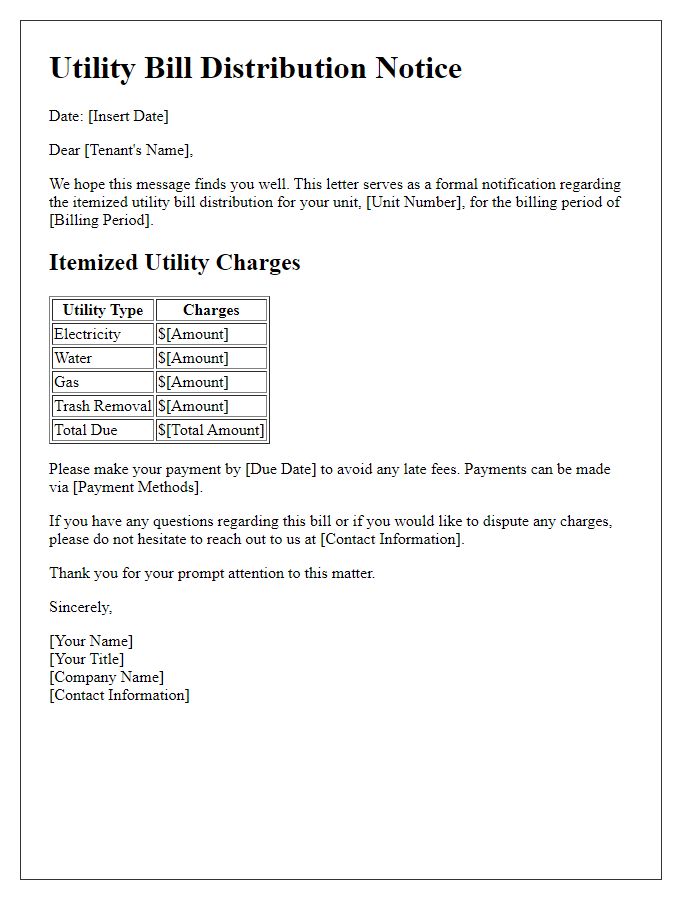 Letter template of Itemized Utility Bill Distribution for Tenants