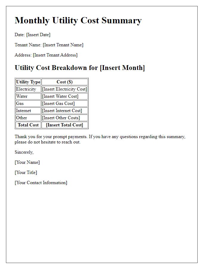 Letter template of Monthly Utility Cost Summary for Tenants