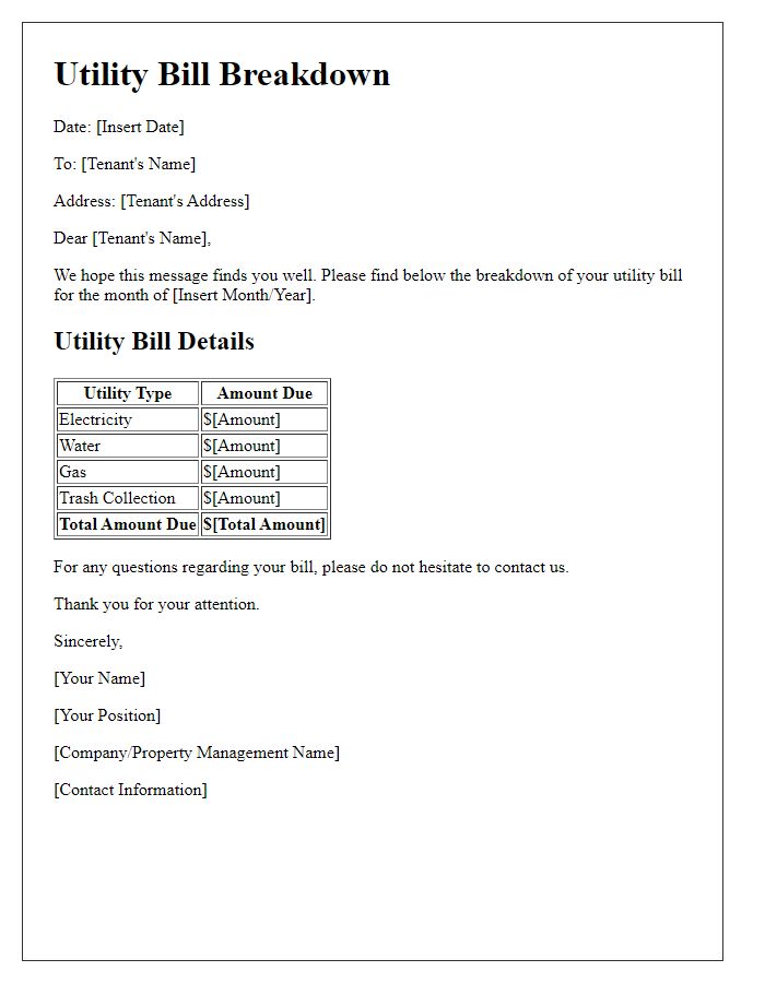 Letter template of Utility Bill Breakdown for Tenants