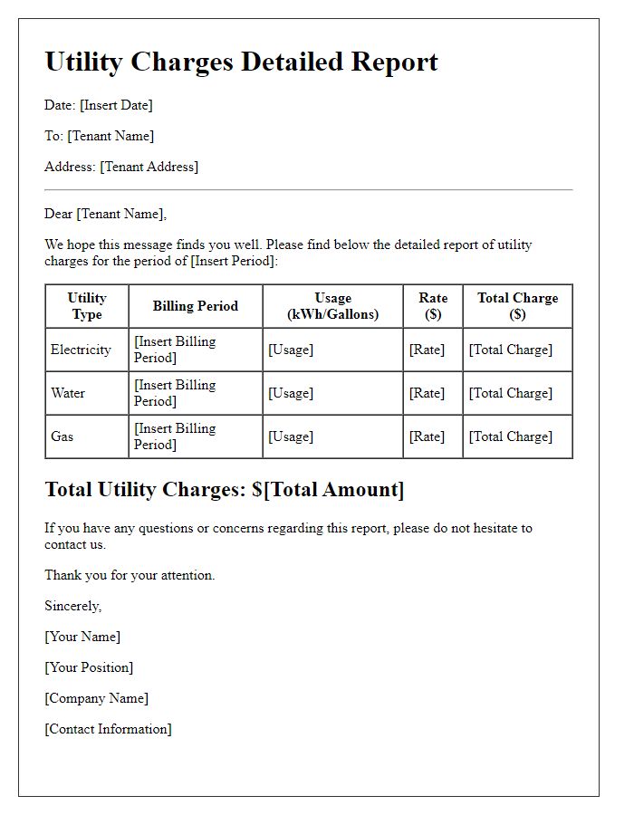 Letter template of Utility Charges Detailed Report for Tenants