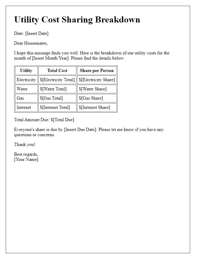 Letter template of Utility Cost Sharing Breakdown for Housemates