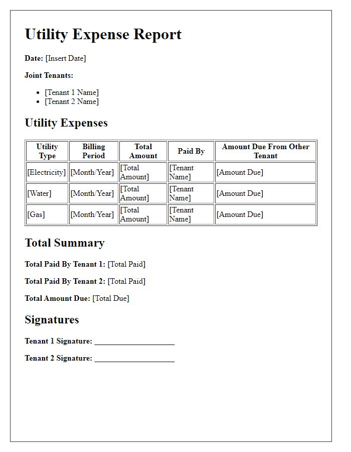 Letter template of Utility Expense Report for Joint Tenancy