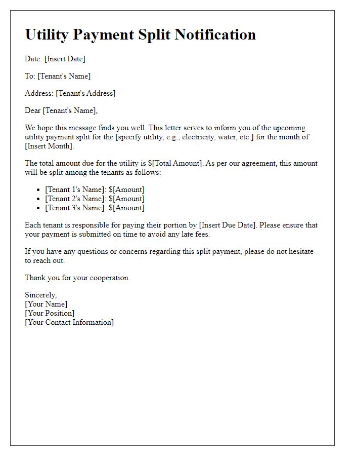 Letter template of Utility Payment Split Notification for Tenants