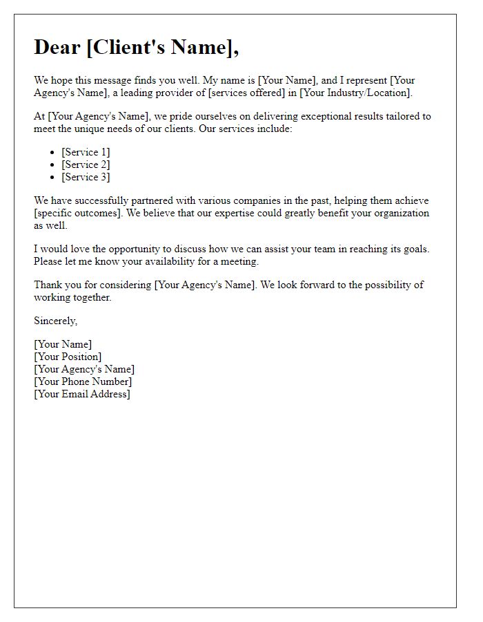 Letter template of agency services introduction to potential clients