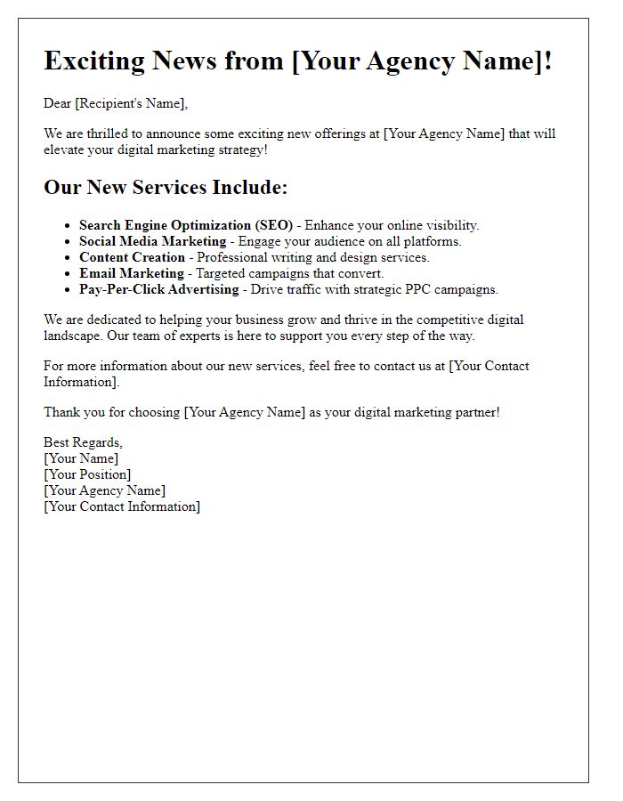 Letter template of digital marketing agency offerings announcement