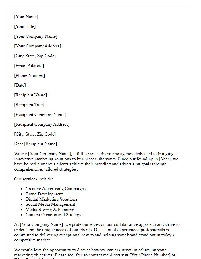 Letter template of full-service advertising agency business introduction