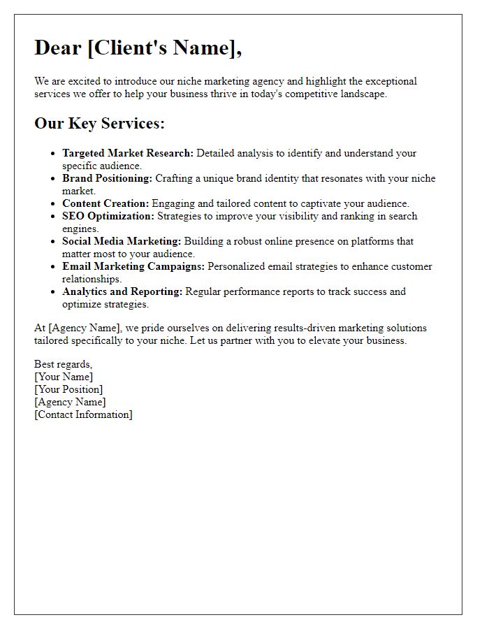 Letter template of niche marketing agency service highlights