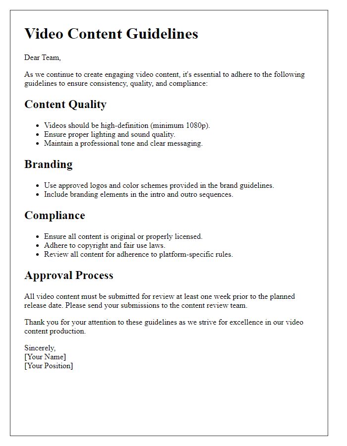 Letter template of video content guidelines