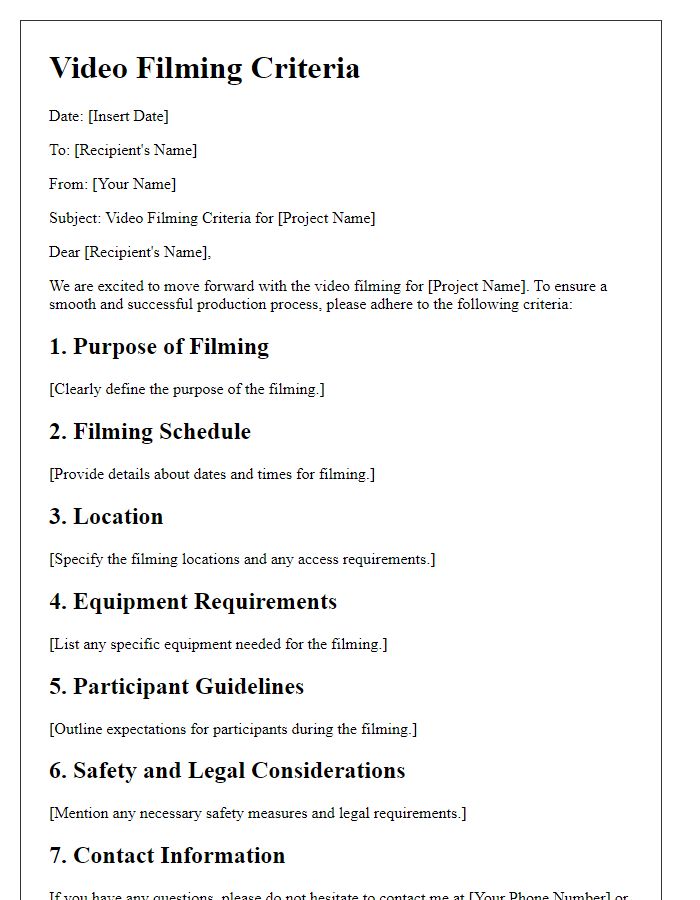 Letter template of video filming criteria