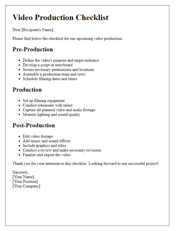 Letter template of video production checklist