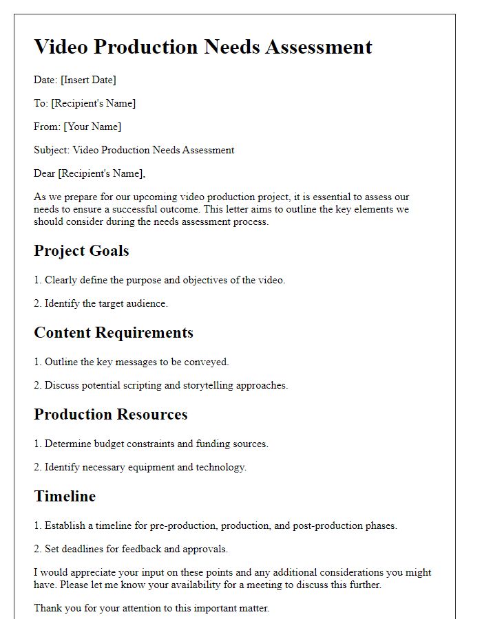 Letter template of video production needs assessment