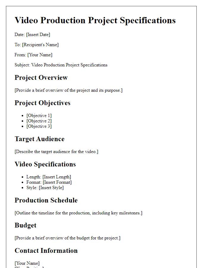 Letter template of video production project specifications