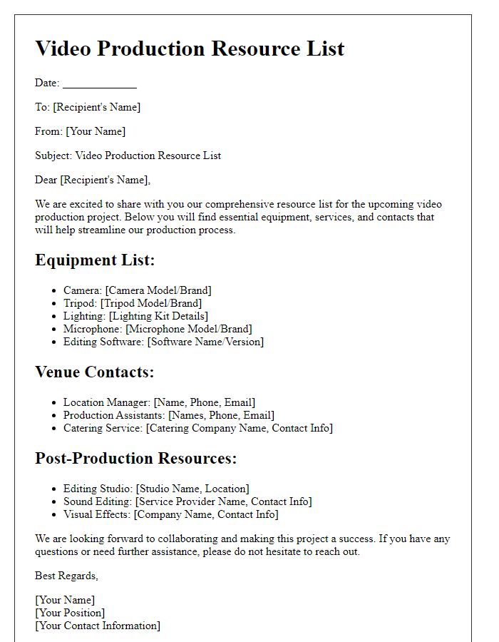 Letter template of video production resource list