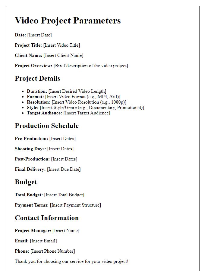 Letter template of video project parameters