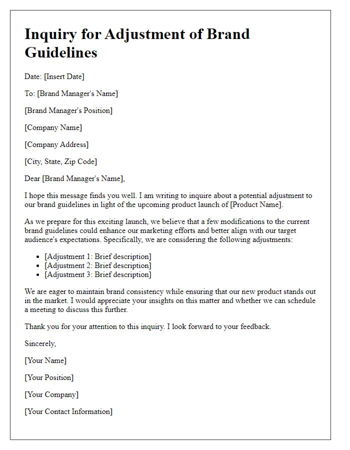 Letter template of brand guidelines adjustment inquiry for product launch.