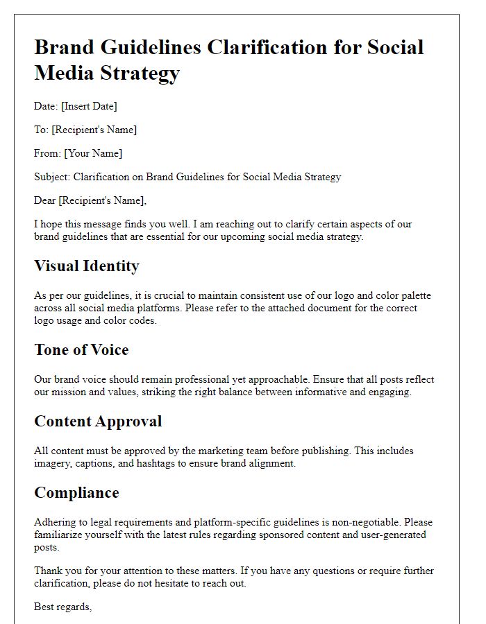 Letter template of brand guidelines clarification for social media strategy.