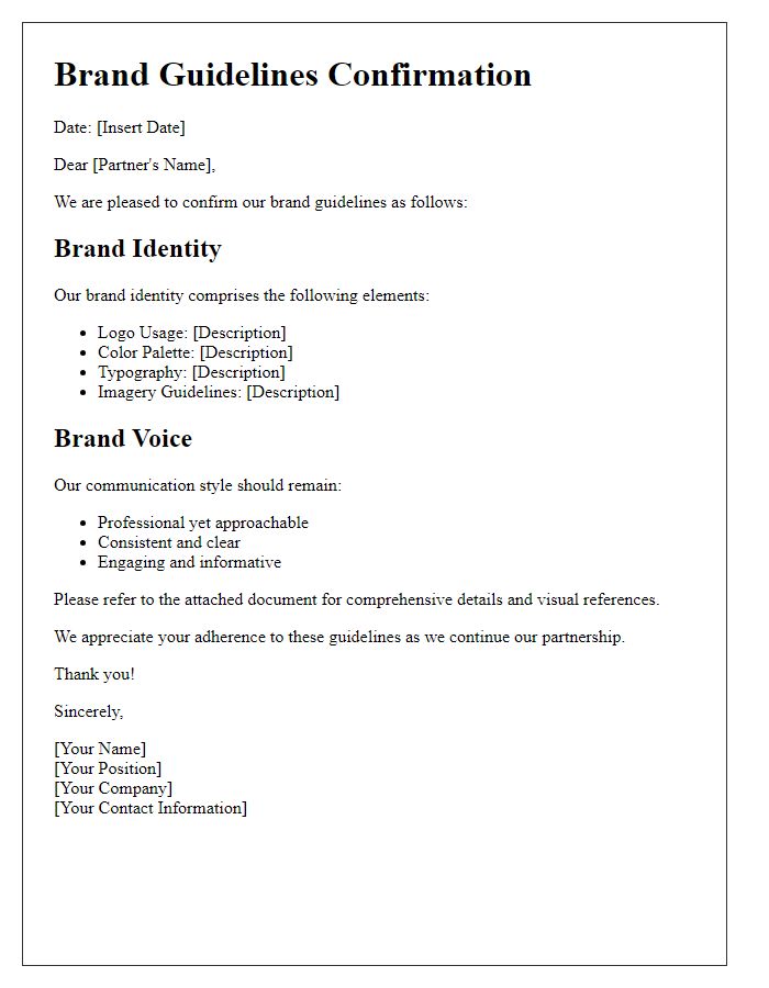 Letter template of brand guidelines confirmation for external partners.