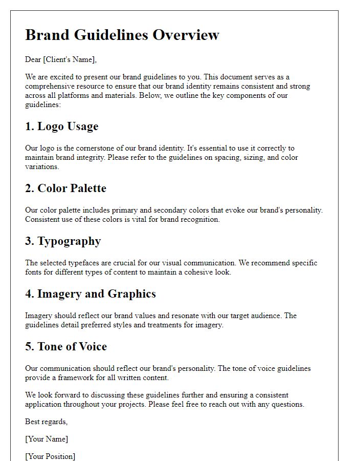 Letter template of brand guidelines explanation for client presentations.