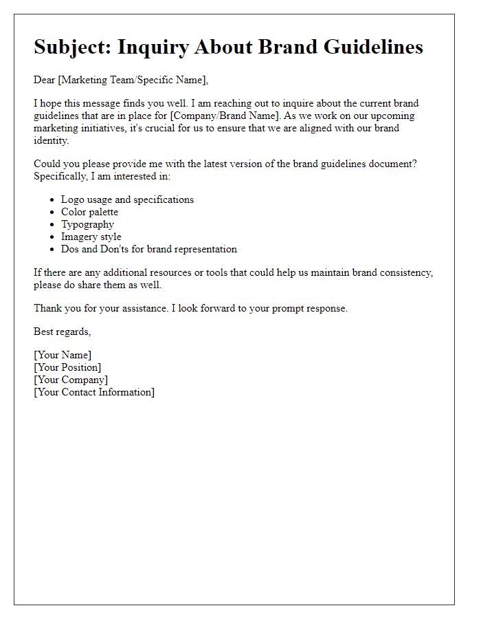 Letter template of brand guidelines inquiry for marketing team.