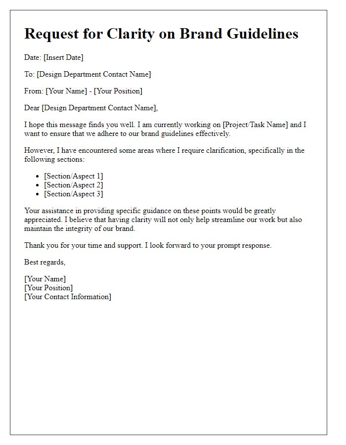 Letter template of brand guidelines request for clarity from design department.