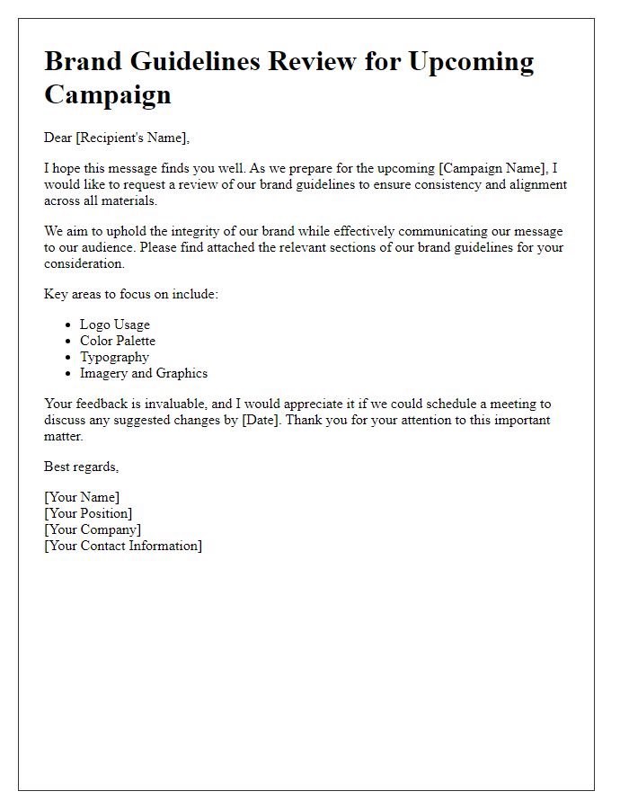 Letter template of brand guidelines review for upcoming campaign.