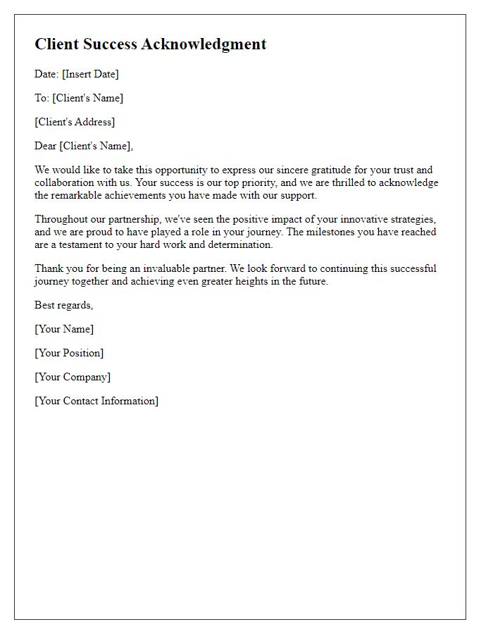 Letter template of client success acknowledgment