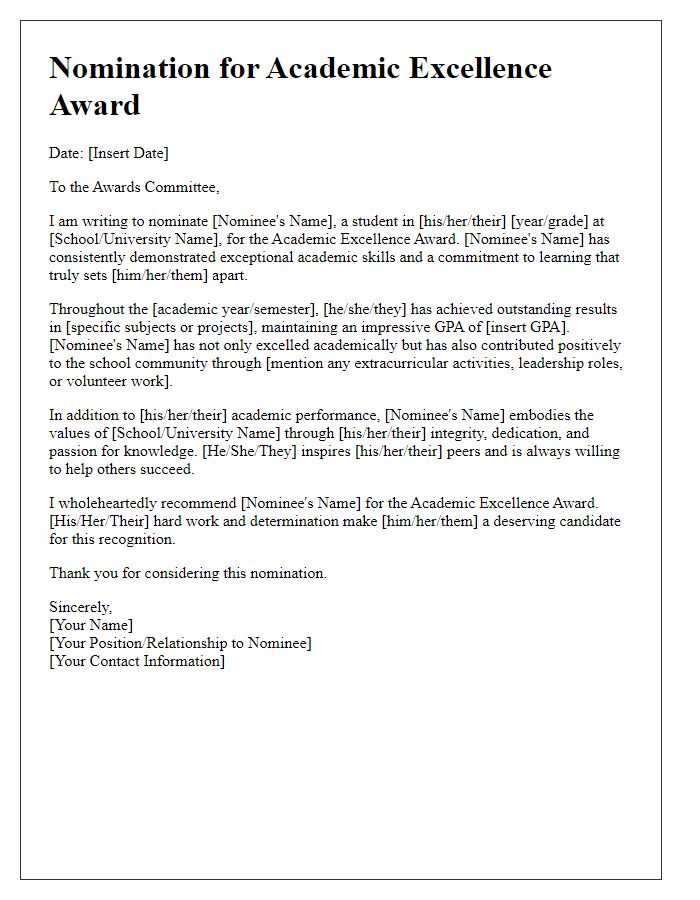 Letter template of award nomination for academic excellence