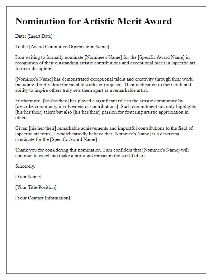 Letter template of award nomination for artistic merit