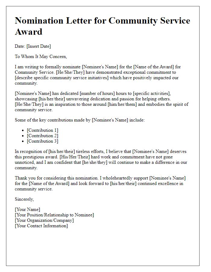 Letter template of award nomination for community service