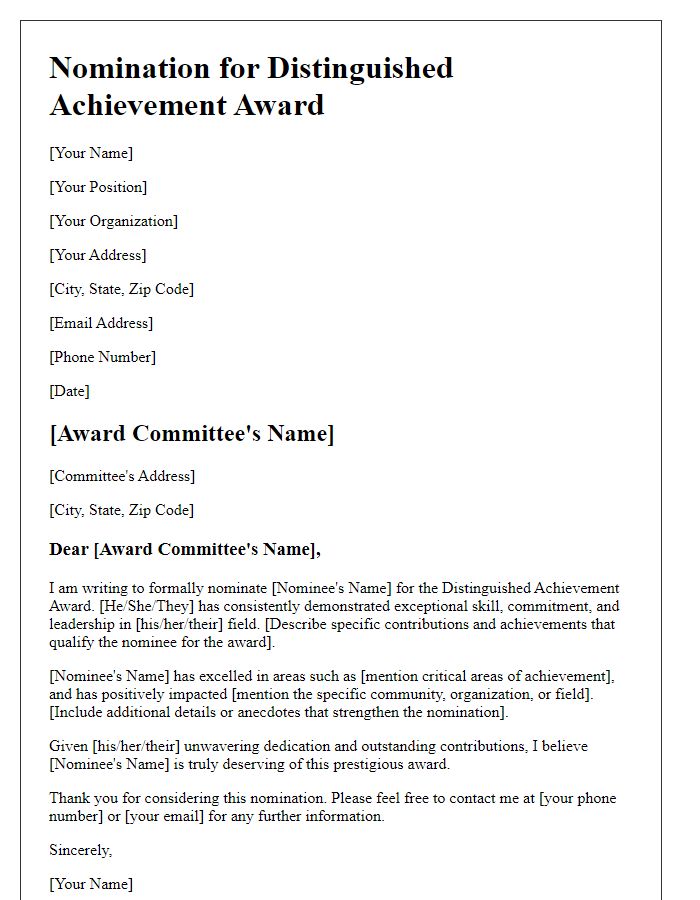 Letter template of award nomination for distinguished achievement