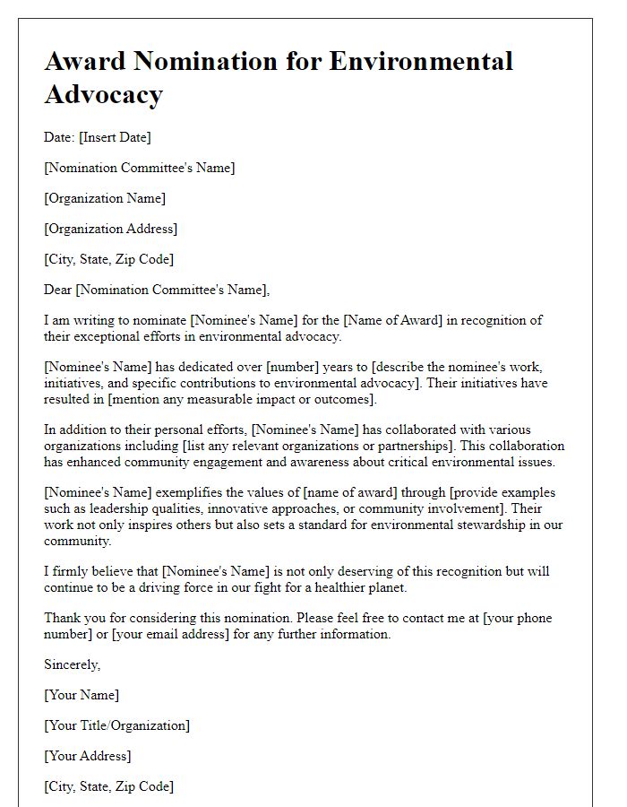 Letter template of award nomination for environmental advocacy