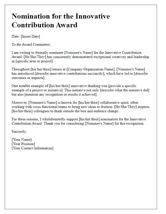 Letter template of award nomination for innovative contributions