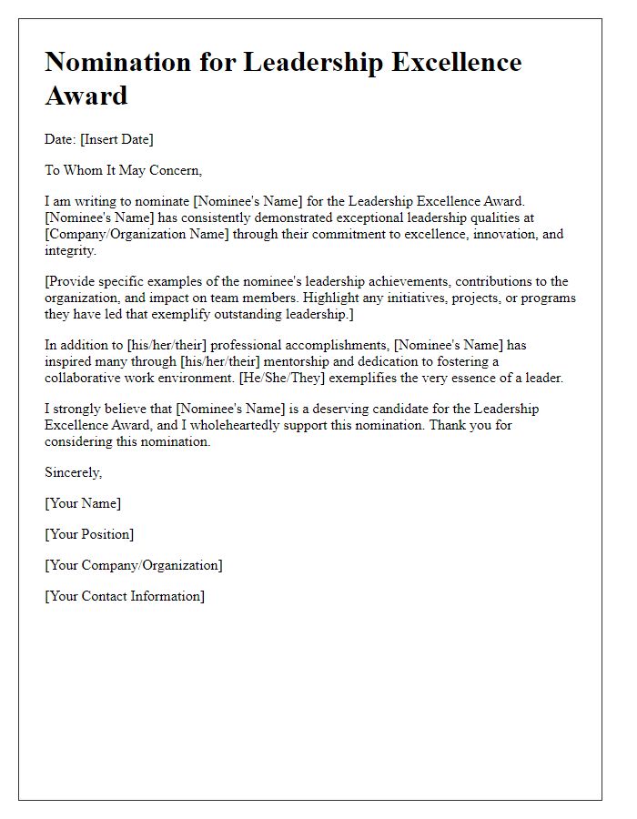 Letter template of award nomination for leadership excellence