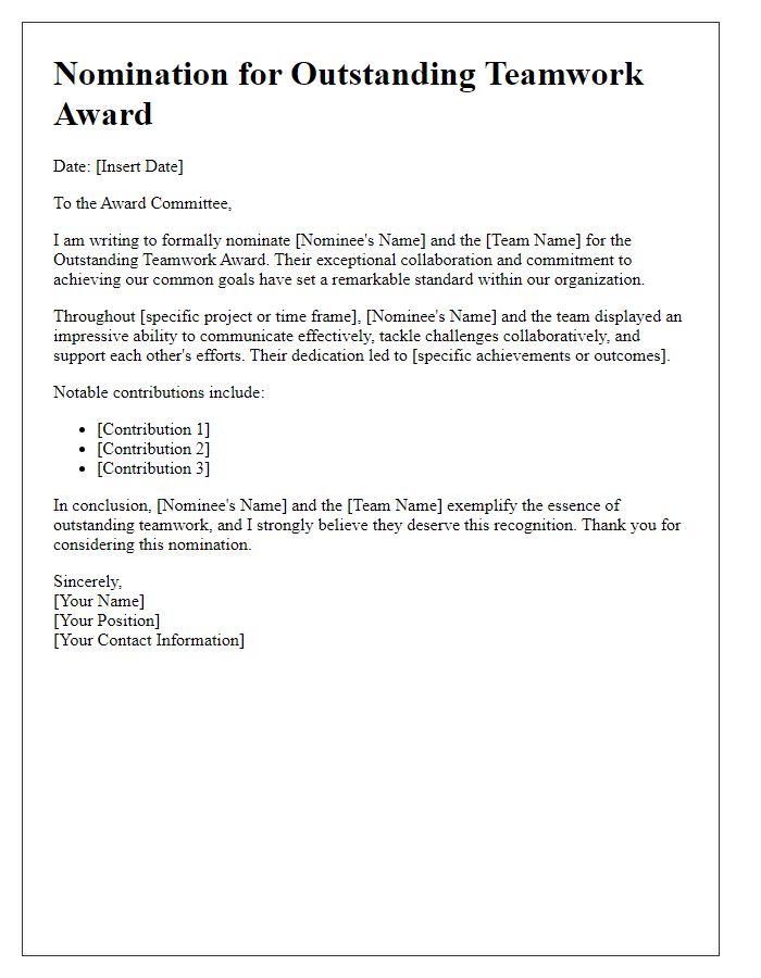 Letter template of award nomination for outstanding teamwork