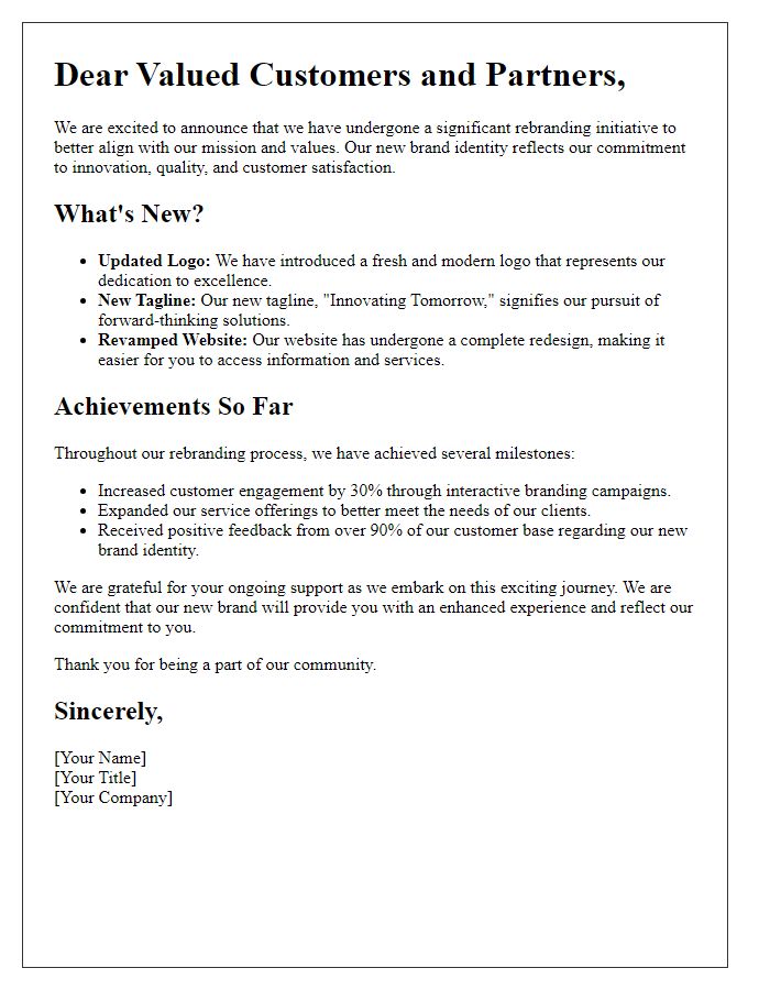 Letter template of rebranding efforts and achievements