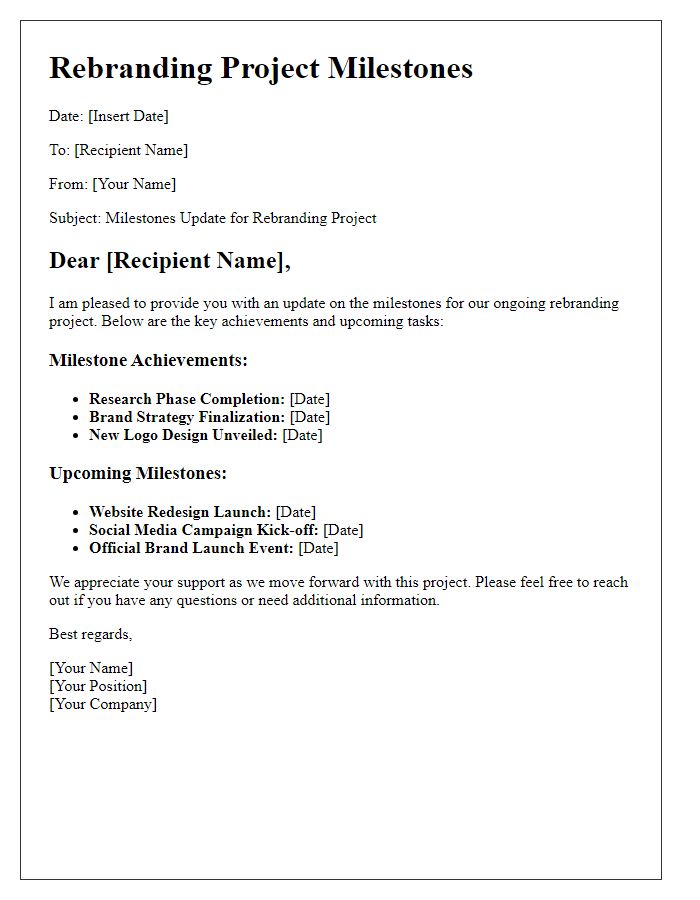 Letter template of rebranding project milestones