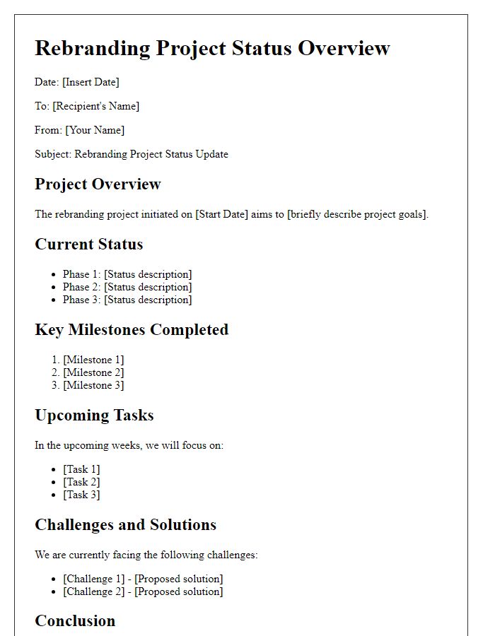 Letter template of rebranding project status overview