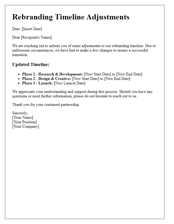 Letter template of rebranding timeline adjustments