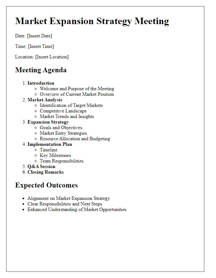 Letter template of presentation outline for market expansion strategy meeting