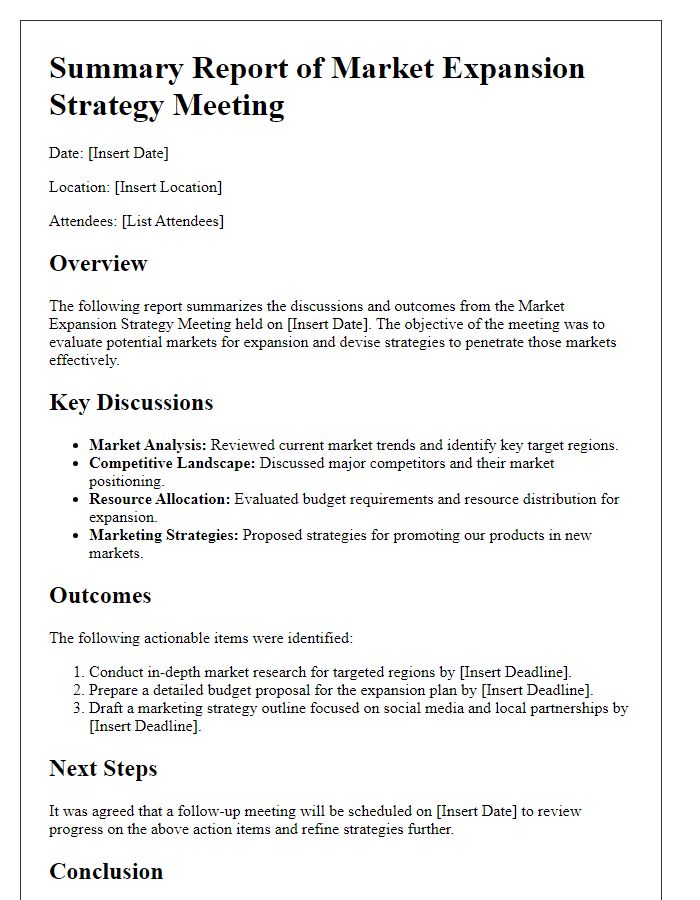 Letter template of summary report from market expansion strategy meeting