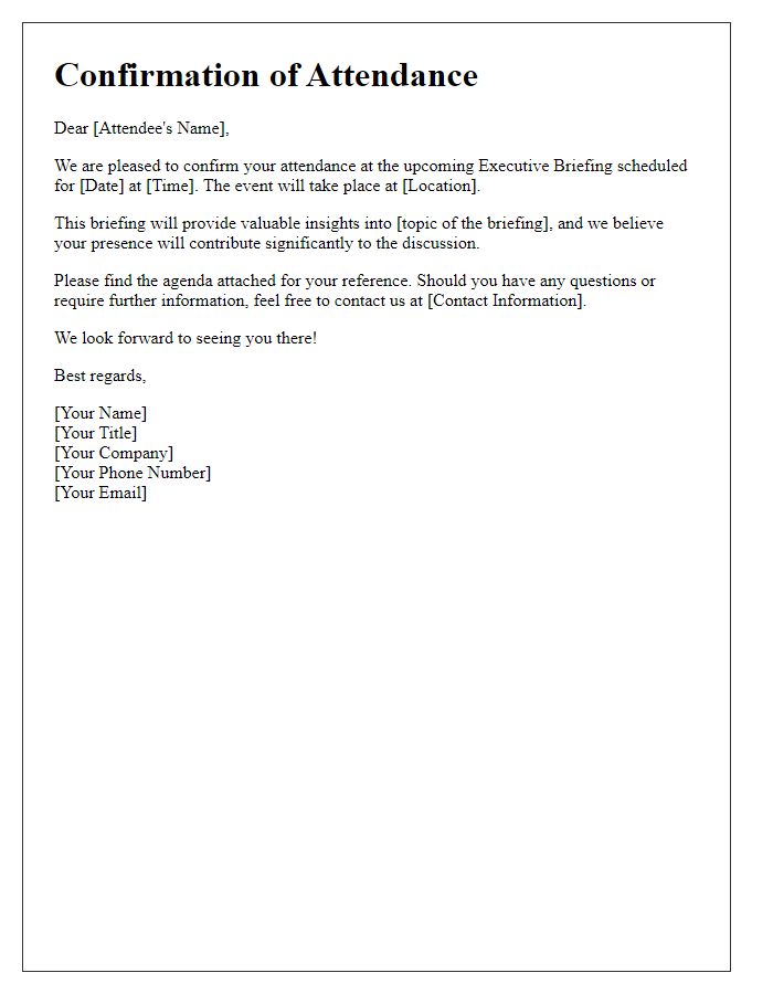 Letter template of executive briefing attendee confirmation