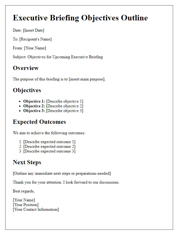 Letter template of executive briefing objectives outline