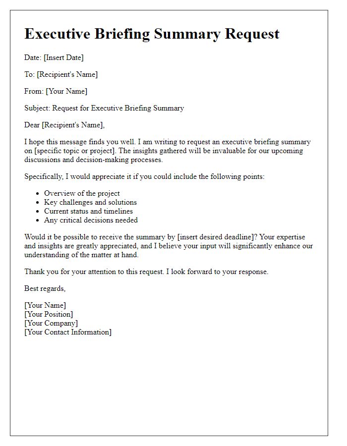 Letter template of executive briefing summary request