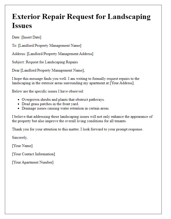 Letter template of tenant exterior repair request for landscaping issues