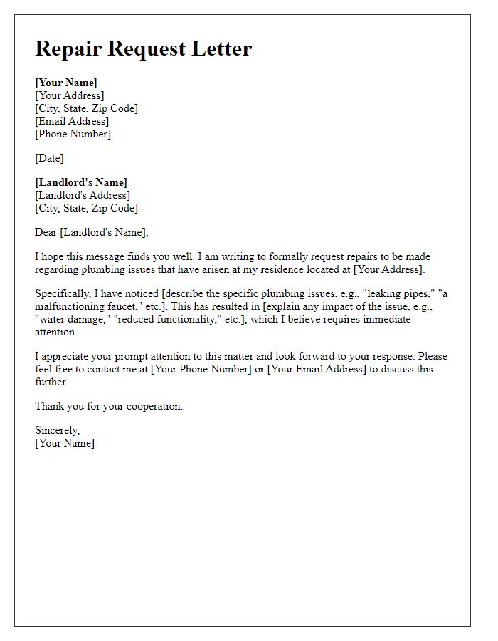 Letter template of tenant exterior repair request for plumbing issues