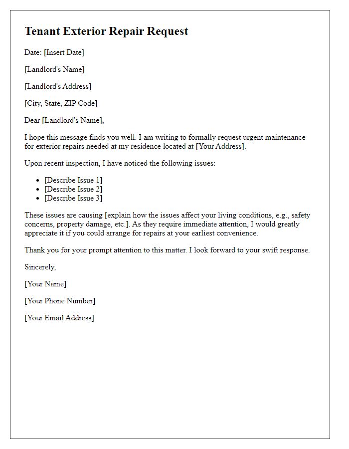 Letter template of tenant exterior repair request for urgent maintenance needs