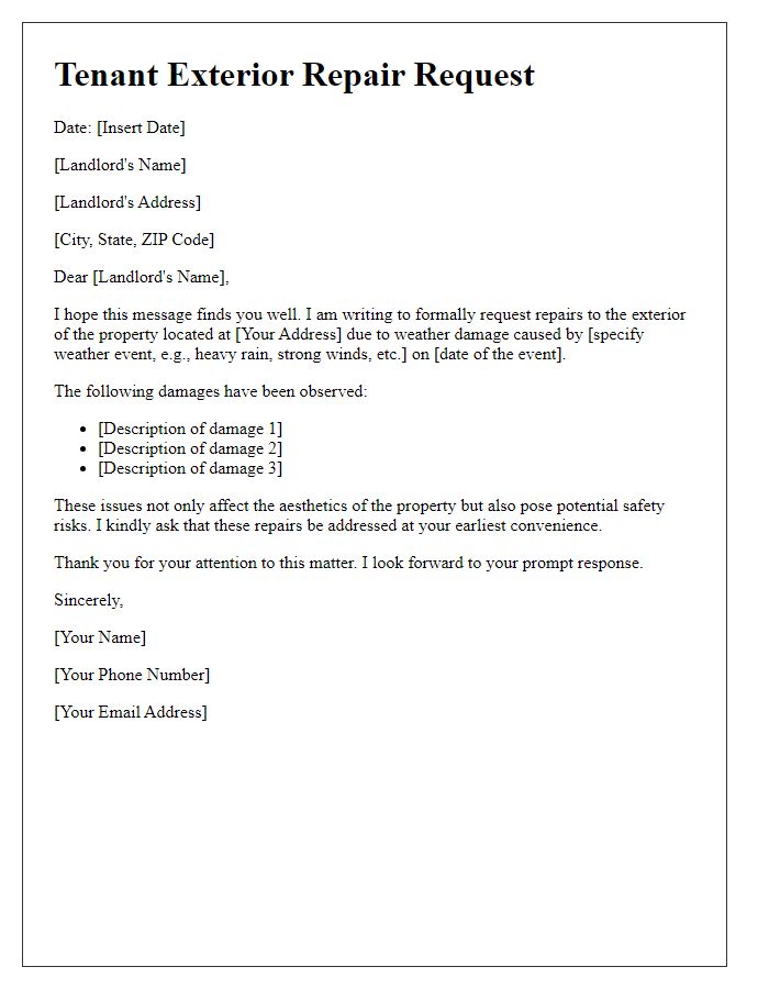 Letter template of tenant exterior repair request for weather damage