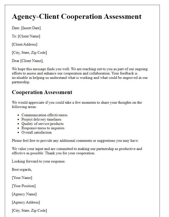 Letter template of agency-client cooperation assessment